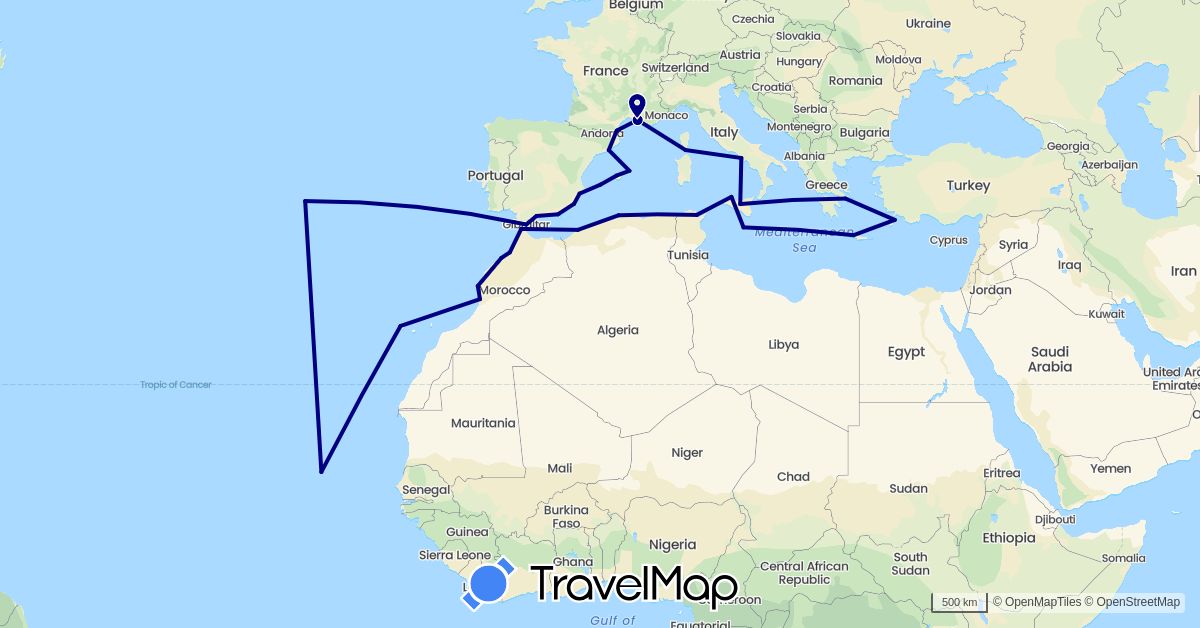 TravelMap itinerary: driving in Cape Verde, Algeria, Spain, France, Gibraltar, Greece, Italy, Morocco, Malta, Portugal, Tunisia (Africa, Europe)